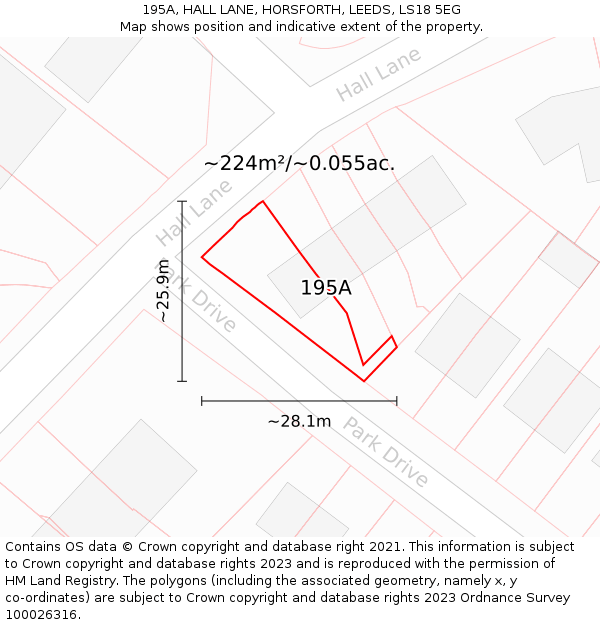 195A, HALL LANE, HORSFORTH, LEEDS, LS18 5EG: Plot and title map