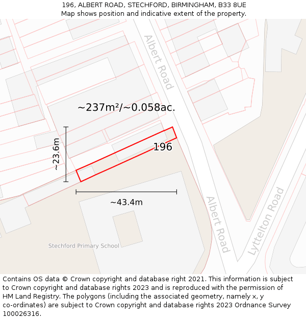 196, ALBERT ROAD, STECHFORD, BIRMINGHAM, B33 8UE: Plot and title map