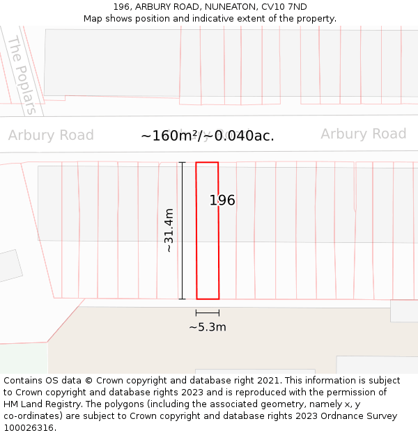 196, ARBURY ROAD, NUNEATON, CV10 7ND: Plot and title map