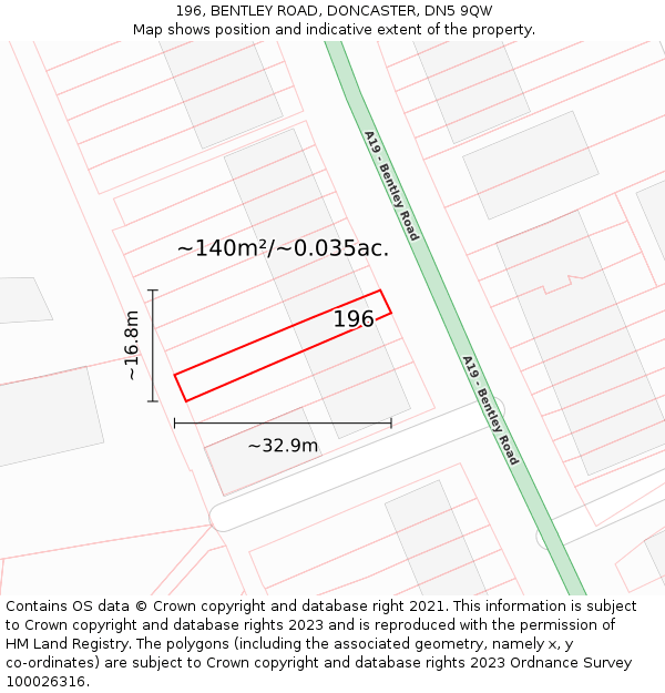 196, BENTLEY ROAD, DONCASTER, DN5 9QW: Plot and title map