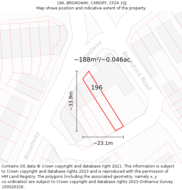 196, BROADWAY, CARDIFF, CF24 1QJ: Plot and title map