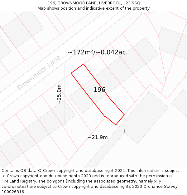 196, BROWNMOOR LANE, LIVERPOOL, L23 9SQ: Plot and title map