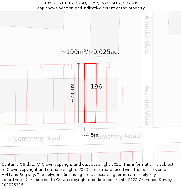 196, CEMETERY ROAD, JUMP, BARNSLEY, S74 0JN: Plot and title map