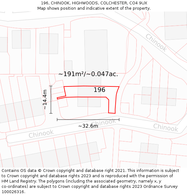 196, CHINOOK, HIGHWOODS, COLCHESTER, CO4 9UX: Plot and title map