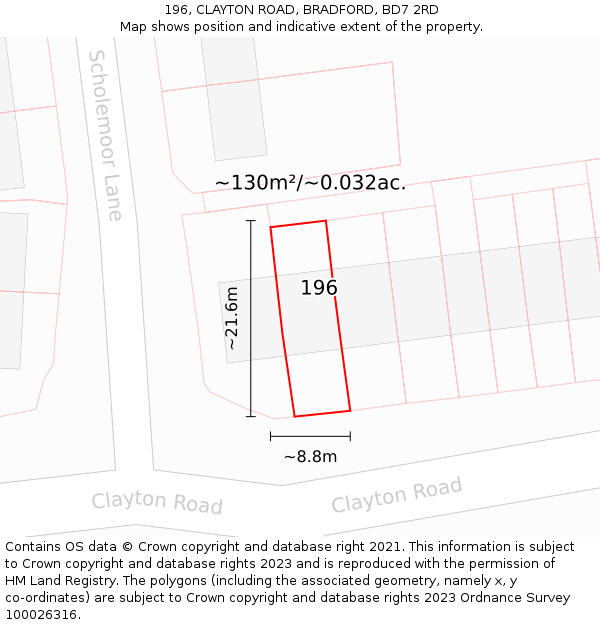 196, CLAYTON ROAD, BRADFORD, BD7 2RD: Plot and title map