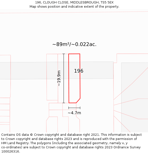 196, CLOUGH CLOSE, MIDDLESBROUGH, TS5 5EX: Plot and title map