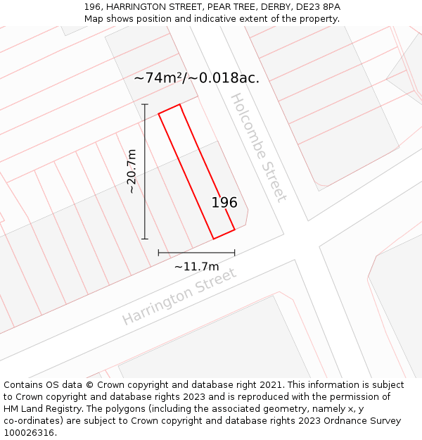 196, HARRINGTON STREET, PEAR TREE, DERBY, DE23 8PA: Plot and title map