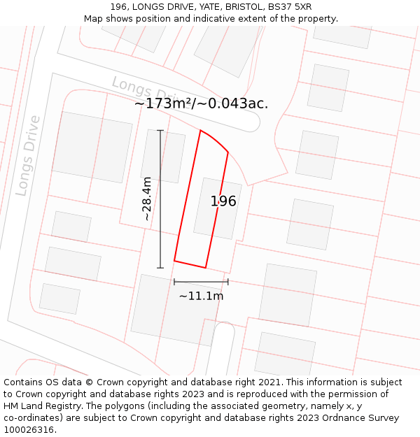196, LONGS DRIVE, YATE, BRISTOL, BS37 5XR: Plot and title map