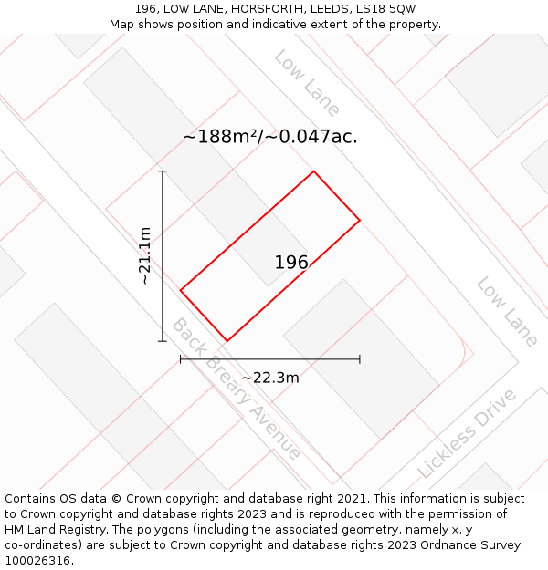 196, LOW LANE, HORSFORTH, LEEDS, LS18 5QW: Plot and title map