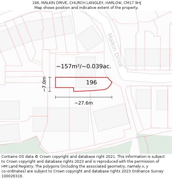 196, MALKIN DRIVE, CHURCH LANGLEY, HARLOW, CM17 9HJ: Plot and title map