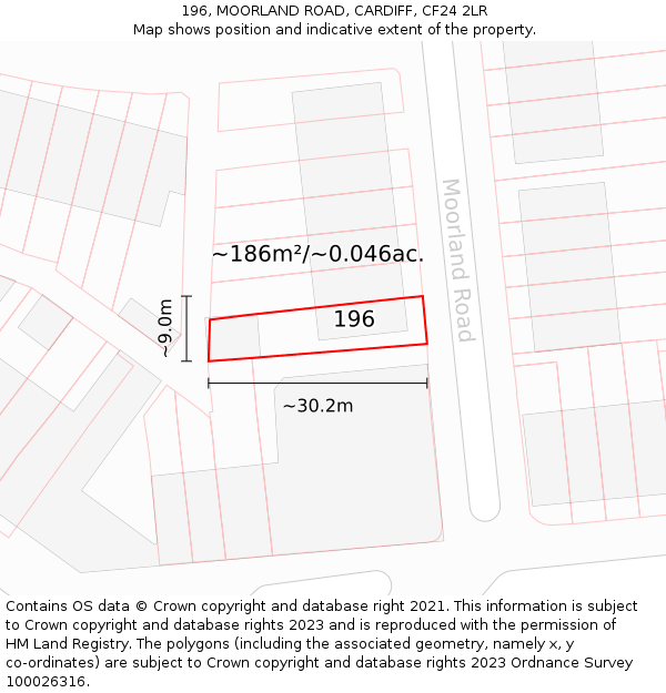 196, MOORLAND ROAD, CARDIFF, CF24 2LR: Plot and title map