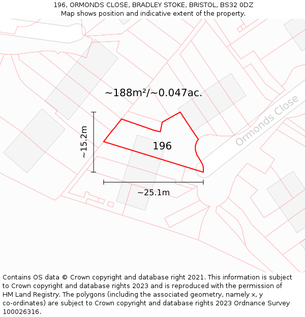196, ORMONDS CLOSE, BRADLEY STOKE, BRISTOL, BS32 0DZ: Plot and title map