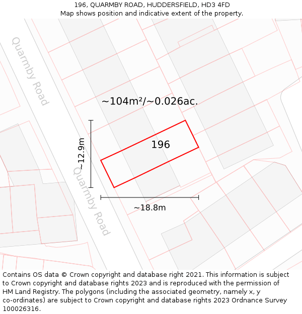 196, QUARMBY ROAD, HUDDERSFIELD, HD3 4FD: Plot and title map