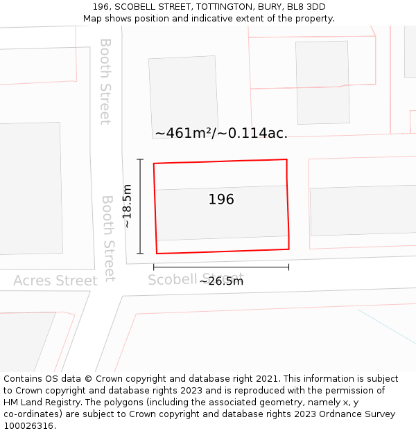 196, SCOBELL STREET, TOTTINGTON, BURY, BL8 3DD: Plot and title map