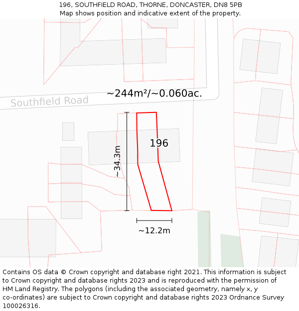 196, SOUTHFIELD ROAD, THORNE, DONCASTER, DN8 5PB: Plot and title map