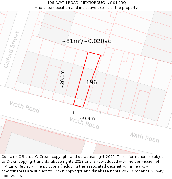196, WATH ROAD, MEXBOROUGH, S64 9RQ: Plot and title map