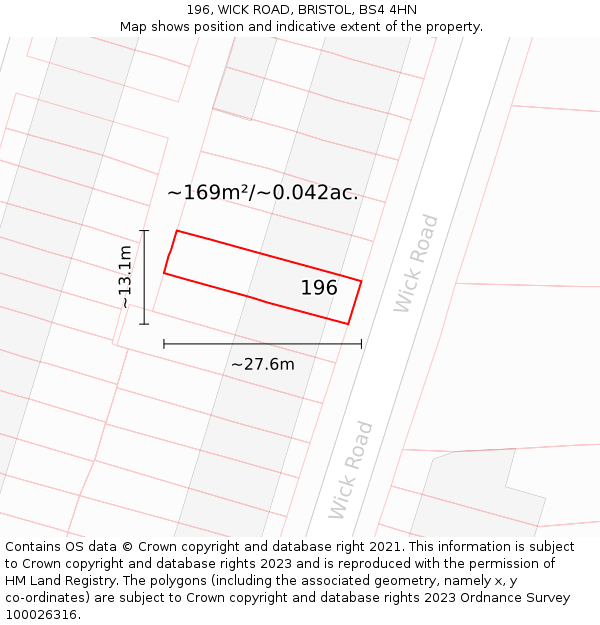 196, WICK ROAD, BRISTOL, BS4 4HN: Plot and title map