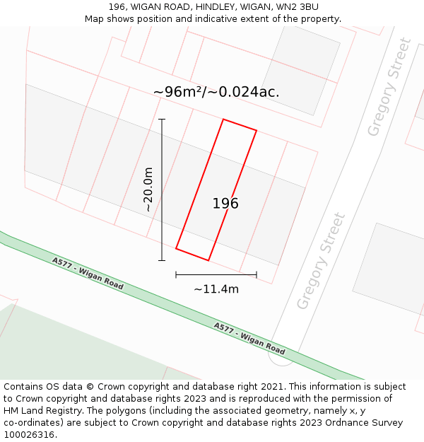 196, WIGAN ROAD, HINDLEY, WIGAN, WN2 3BU: Plot and title map