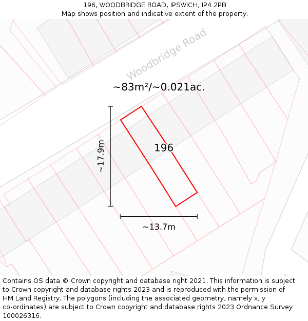 196, WOODBRIDGE ROAD, IPSWICH, IP4 2PB: Plot and title map