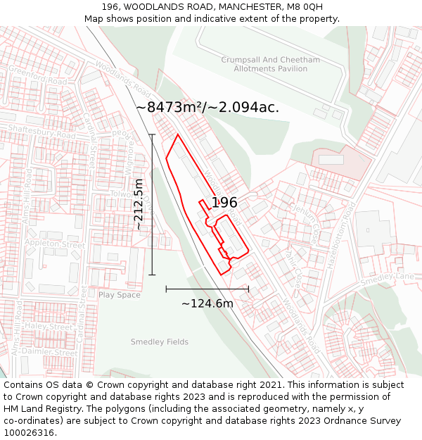 196, WOODLANDS ROAD, MANCHESTER, M8 0QH: Plot and title map