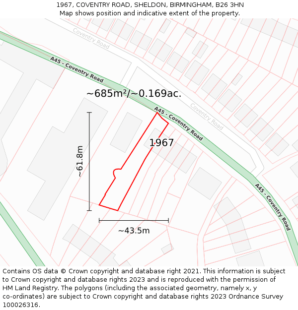 1967, COVENTRY ROAD, SHELDON, BIRMINGHAM, B26 3HN: Plot and title map