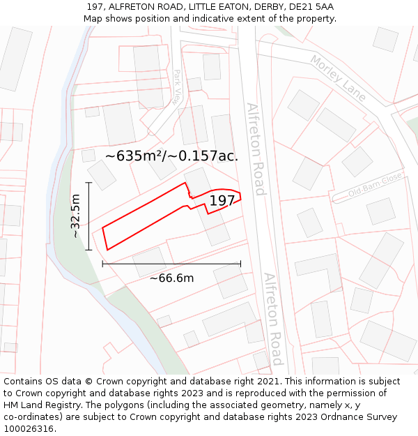 197, ALFRETON ROAD, LITTLE EATON, DERBY, DE21 5AA: Plot and title map