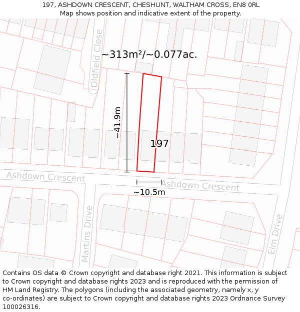 197, ASHDOWN CRESCENT, CHESHUNT, WALTHAM CROSS, EN8 0RL: Plot and title map
