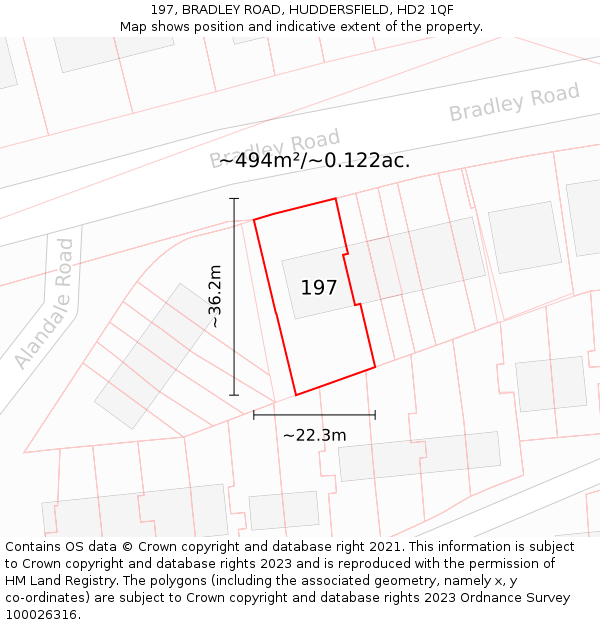 197, BRADLEY ROAD, HUDDERSFIELD, HD2 1QF: Plot and title map