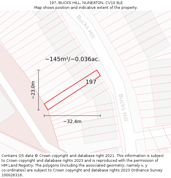 197, BUCKS HILL, NUNEATON, CV10 9LE: Plot and title map