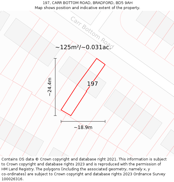197, CARR BOTTOM ROAD, BRADFORD, BD5 9AH: Plot and title map