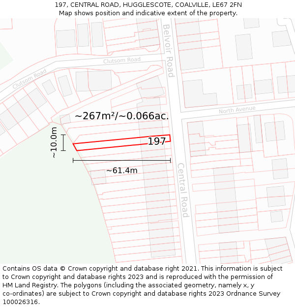 197, CENTRAL ROAD, HUGGLESCOTE, COALVILLE, LE67 2FN: Plot and title map