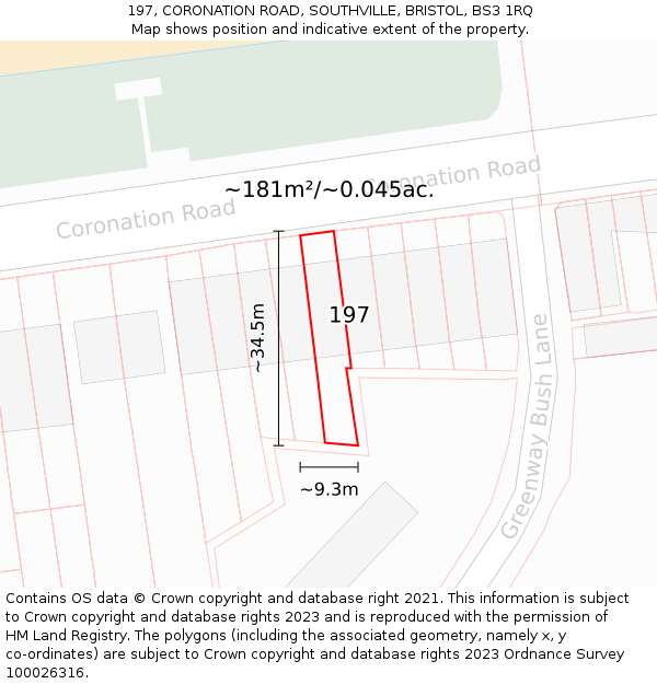 197, CORONATION ROAD, SOUTHVILLE, BRISTOL, BS3 1RQ: Plot and title map