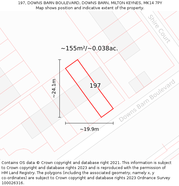 197, DOWNS BARN BOULEVARD, DOWNS BARN, MILTON KEYNES, MK14 7PY: Plot and title map