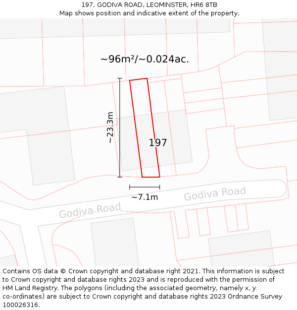 197, GODIVA ROAD, LEOMINSTER, HR6 8TB: Plot and title map