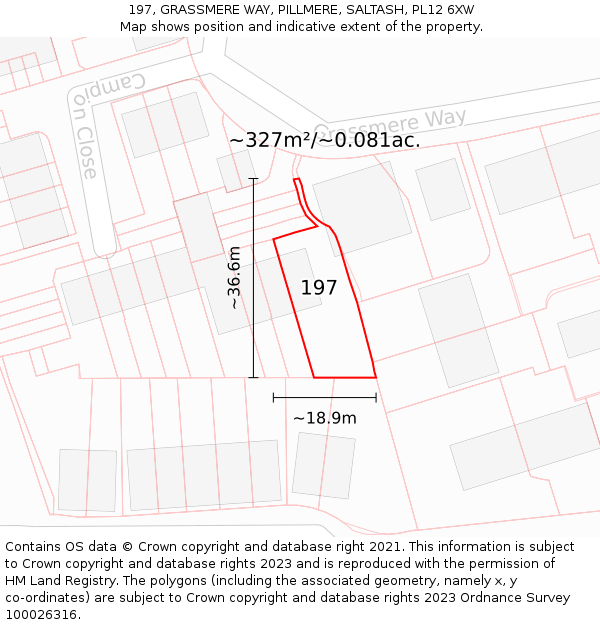 197, GRASSMERE WAY, PILLMERE, SALTASH, PL12 6XW: Plot and title map