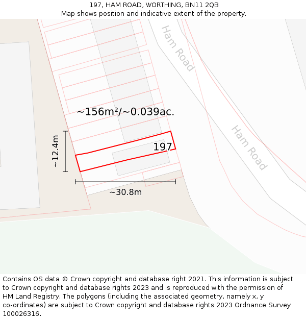 197, HAM ROAD, WORTHING, BN11 2QB: Plot and title map