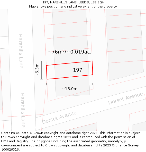 197, HAREHILLS LANE, LEEDS, LS8 3QH: Plot and title map