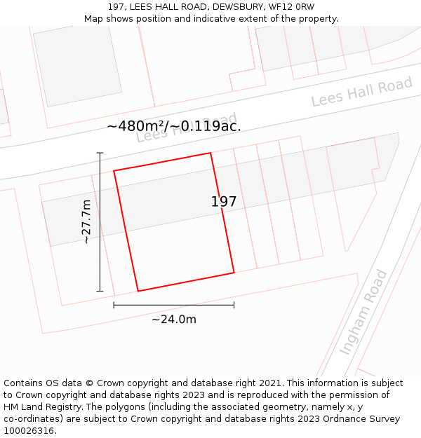 197, LEES HALL ROAD, DEWSBURY, WF12 0RW: Plot and title map