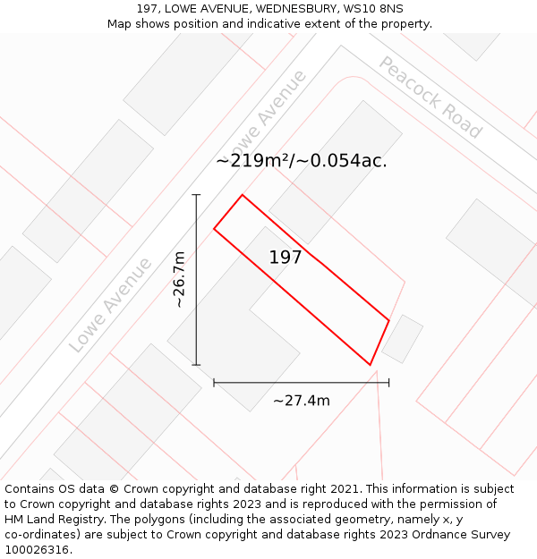197, LOWE AVENUE, WEDNESBURY, WS10 8NS: Plot and title map