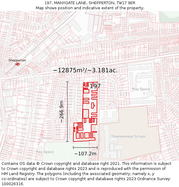 197, MANYGATE LANE, SHEPPERTON, TW17 9ER: Plot and title map