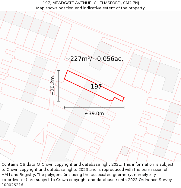 197, MEADGATE AVENUE, CHELMSFORD, CM2 7NJ: Plot and title map