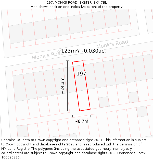 197, MONKS ROAD, EXETER, EX4 7BL: Plot and title map