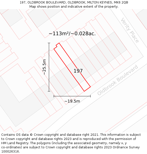 197, OLDBROOK BOULEVARD, OLDBROOK, MILTON KEYNES, MK6 2QB: Plot and title map