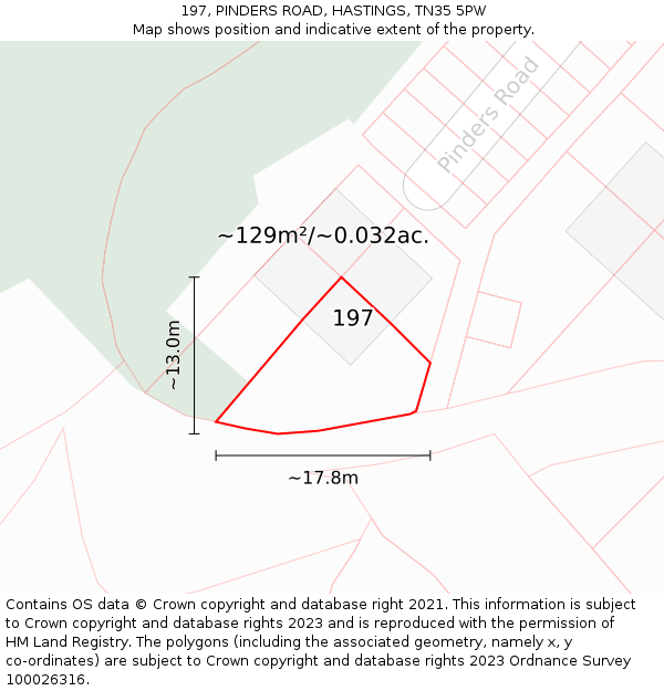197, PINDERS ROAD, HASTINGS, TN35 5PW: Plot and title map