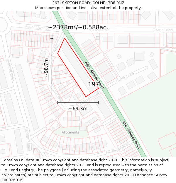 197, SKIPTON ROAD, COLNE, BB8 0NZ: Plot and title map