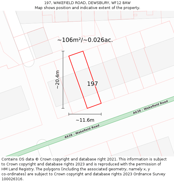 197, WAKEFIELD ROAD, DEWSBURY, WF12 8AW: Plot and title map