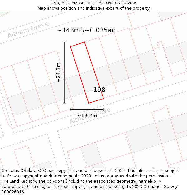 198, ALTHAM GROVE, HARLOW, CM20 2PW: Plot and title map
