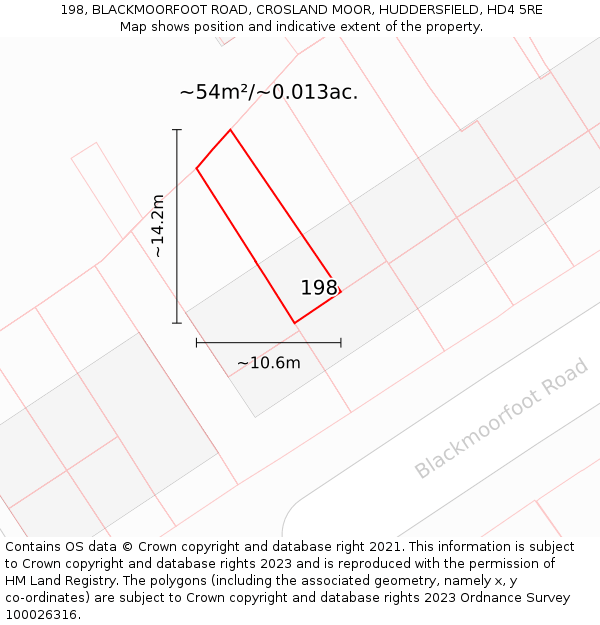 198, BLACKMOORFOOT ROAD, CROSLAND MOOR, HUDDERSFIELD, HD4 5RE: Plot and title map