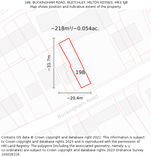 198, BUCKINGHAM ROAD, BLETCHLEY, MILTON KEYNES, MK3 5JB: Plot and title map