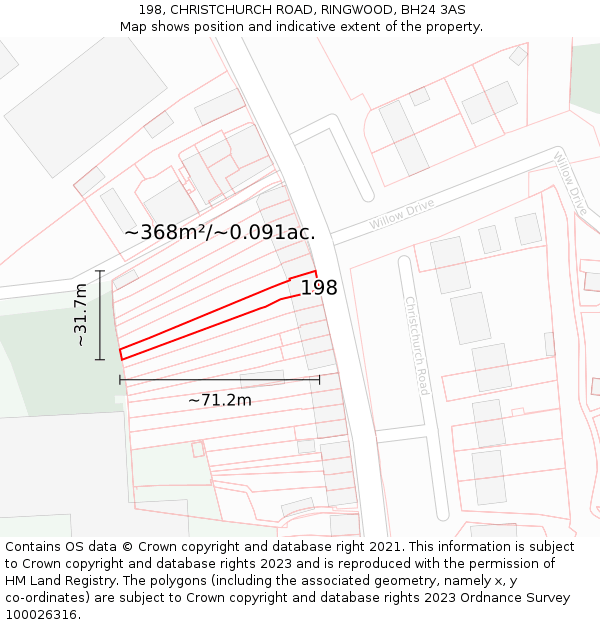 198, CHRISTCHURCH ROAD, RINGWOOD, BH24 3AS: Plot and title map